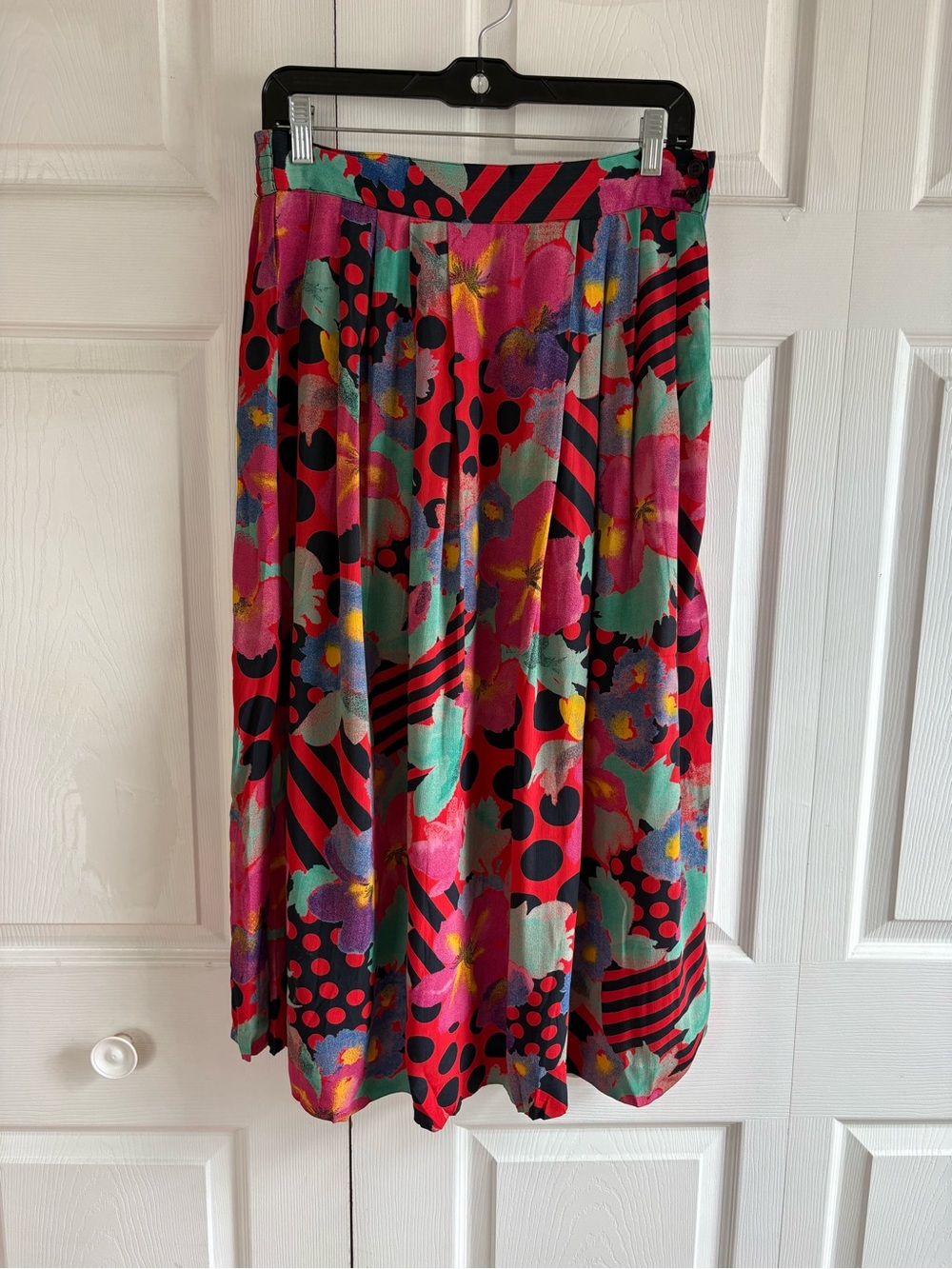 Vintage Jacqueline Ferrar Red Black 80th Floral Skirt L Pocket Fun Art Teacher